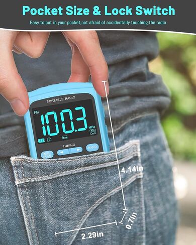 راديو محمول AM FM، راديو جيب شخصي ببطارية قابلة لإعادة الشحن بقدرة 900 مللي أمبير في الساعة مع أفضل استقبال، شاشة LCD واضحة، مقبس سماعة الأذن، راديو ترانزستور لإعداد الوقت للمنزل والخارج، المشي (أزرق) in Kuwait