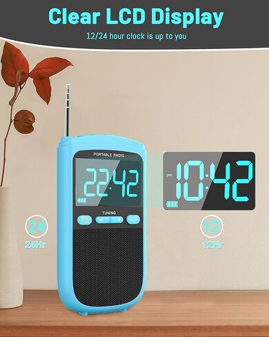 راديو محمول AM FM، راديو جيب شخصي ببطارية قابلة لإعادة الشحن بقدرة 900 مللي أمبير في الساعة مع أفضل استقبال، شاشة LCD واضحة، مقبس سماعة الأذن، راديو ترانزستور لإعداد الوقت للمنزل والخارج، المشي (أزرق) in Kuwait