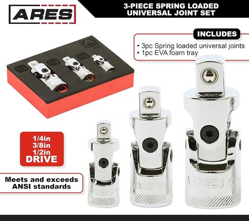 ARES 37000-3-Piece Spring Loaded Universal Joint Set – Spring Loaded Design Keeps U-Joint Rigid for Easier Positioning - 1/4-Inch, 3/8-Inch, and 1/2-Inch Drive in Saudi Arabia