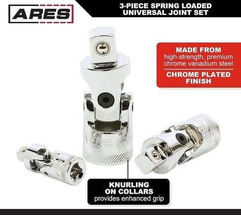 ARES 37000-3-Piece Spring Loaded Universal Joint Set – Spring Loaded Design Keeps U-Joint Rigid for Easier Positioning - 1/4-Inch, 3/8-Inch, and 1/2-Inch Drive in Saudi Arabia