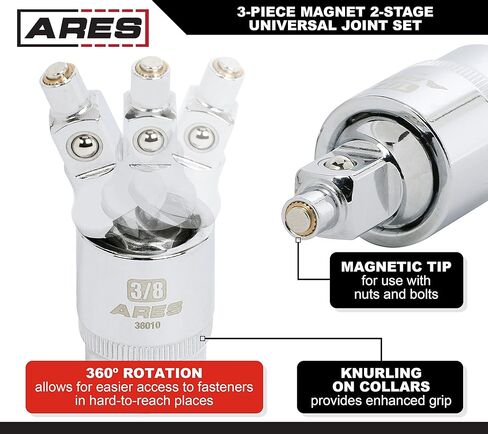 مجموعة وصلات عالمية محملة بنابض مكونة من 3 قطع من ARES 37000 - تصميم محمل بنابض يحافظ على صلابة المفصل على شكل حرف U لسهولة الوضع - محرك 1/4 بوصة، و3/8 بوصة، و1/2 بوصة in Kuwait