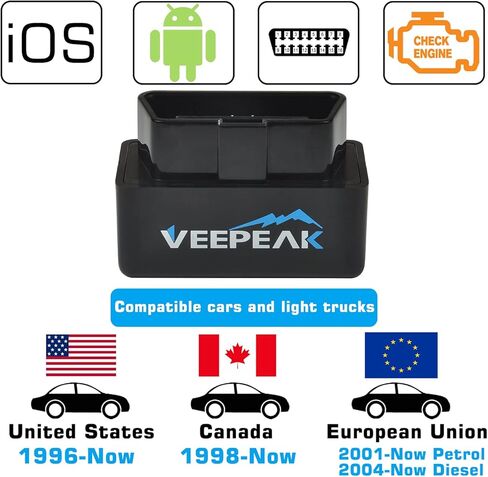 محول ماسح ضوئي Veepeak Mini WiFi Obd II، أداة مسح ضوئي لمحرك السيارة وقارئ رمز تشخيصي لأجهزة iOS وAndroid باللون الأسود in Kuwait