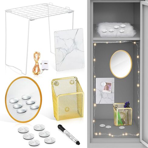 13 Pcs Locker Organizer and Decorating Kit, First Day of School Essentials for Girl Marble Print Whiteboard with Markers Locker Shelf Plush Area Rug String Light Mirror Magnetic Cup and Magnet in Saudi Arabia