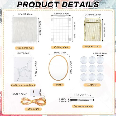 13 Pcs Locker Organizer and Decorating Kit, First Day of School Essentials for Girl Marble Print Whiteboard with Markers Locker Shelf Plush Area Rug String Light Mirror Magnetic Cup and Magnet in Saudi Arabia