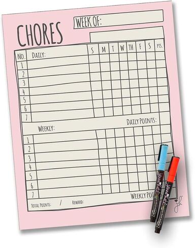Multiple Child Chore Chart - Magnetic Daily Household Chore Checklist - Two Child Behavior, Job, Reward Chart - Dry Erase - 17" x 14"- Two Dry Erase Liquid Chalk Markers - Blue in Saudi Arabia