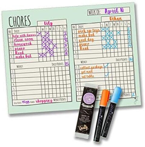 Multiple Child Chore Chart - Magnetic Daily Household Chore Checklist - Two Child Behavior, Job, Reward Chart - Dry Erase - 17" x 14"- Two Dry Erase Liquid Chalk Markers - Blue in Saudi Arabia