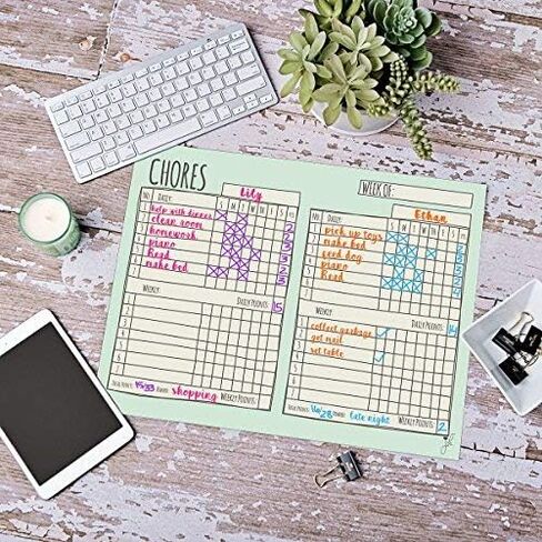 Multiple Child Chore Chart - Magnetic Daily Household Chore Checklist - Two Child Behavior, Job, Reward Chart - Dry Erase - 17" x 14"- Two Dry Erase Liquid Chalk Markers - Blue in Saudi Arabia