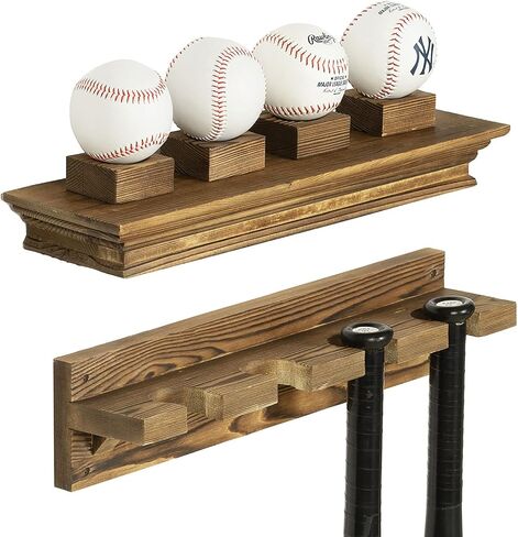 MyGift 2 Piece Wall Mounted Rustic Burnt Solid Wood Baseball Bat Holder Display Rack and Collectible Memorabilia Baseball Floating Shelf for 4 Balls in Saudi Arabia