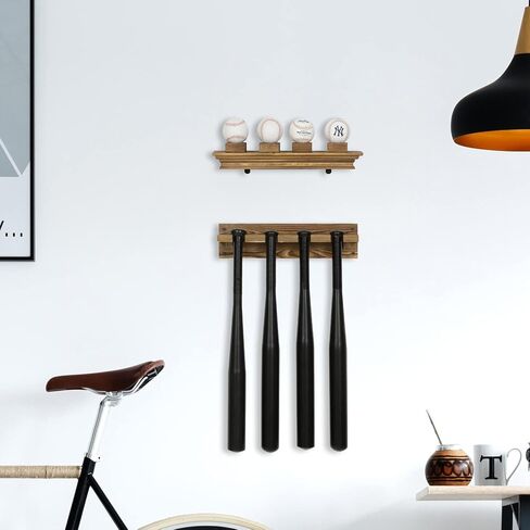 MyGift 2 Piece Wall Mounted Rustic Burnt Solid Wood Baseball Bat Holder Display Rack and Collectible Memorabilia Baseball Floating Shelf for 4 Balls in Saudi Arabia