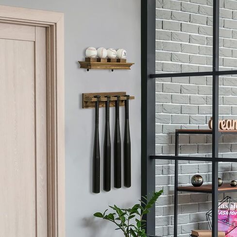 MyGift 2 Piece Wall Mounted Rustic Burnt Solid Wood Baseball Bat Holder Display Rack and Collectible Memorabilia Baseball Floating Shelf for 4 Balls in Saudi Arabia