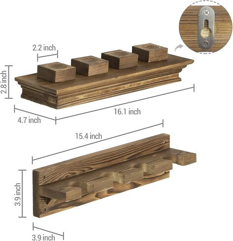 MyGift 2 Piece Wall Mounted Rustic Burnt Solid Wood Baseball Bat Holder Display Rack and Collectible Memorabilia Baseball Floating Shelf for 4 Balls in Saudi Arabia