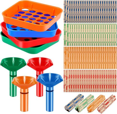 Cholemy 1608 Pcs Coin Sort and Wrap Set Included 4 Color-Coded Coin Sorters Tray and 4 Coin Counters Tube 1600 Assorted Flat Striped Coin Wrappers for Quaters Dimes Nickels Pennies in Saudi Arabia