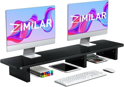 حامل شاشة مزدوج من Zimilar، حامل شاشة كمبيوتر خشبي كبير، حامل شاشة طويل جدًا لشاشتين مع تخزين لملحقات المكتب (بني صدئ) in Saudi Arabia