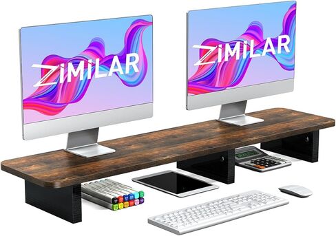 حامل شاشة مزدوج من Zimilar، حامل شاشة كمبيوتر خشبي كبير، حامل شاشة طويل جدًا لشاشتين مع تخزين لملحقات المكتب (بني صدئ) in Saudi Arabia