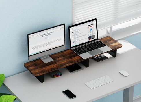 Zimilar Dual Monitor Stand Riser, Large Wood Computer Monitor Riser, Extra Long Monitor Stand for 2 Monitors with Storage for Office Accessories(Rust Brown) in Kuwait