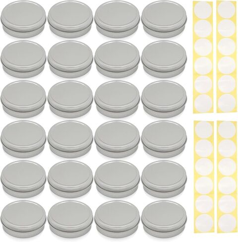 SimbaLux Screw Top Round Steel Tin Cans 2 oz (60ml) with Self Adhesive White Round Stickers, 24 Pack in Kuwait