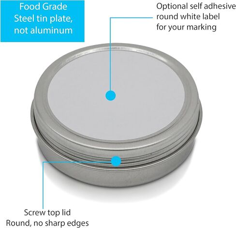 SimbaLux Screw Top Round Steel Tin Cans 2 oz (60ml) with Self Adhesive White Round Stickers, 24 Pack in Kuwait