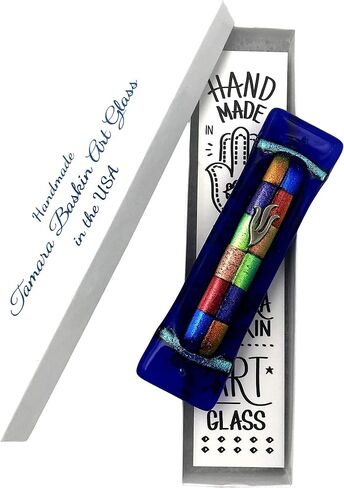 Twelve Tribes Mezuzah - زجاج فني باللون الأزرق الداكن مع اثني عشر صندوق هدايا زجاجي منصهر لامع ولفائف غير موافق للشريعة اليهودية مصنوعة يدويًا في الولايات المتحدة الأمريكية in Saudi Arabia
