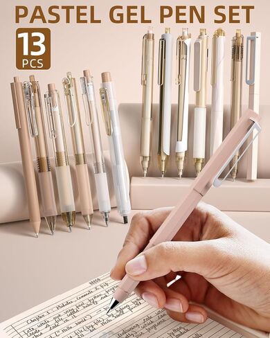13PCS Pastel Gel Ink Pen Set with Case, Cute Retractable 0.5mm Fine Point Pen, 12 Black Ink Pen with 1 Highlighter, Aesthetic Drawing Pen for Student Note Taking,Writing,Office Supplies (Brown) in Saudi Arabia