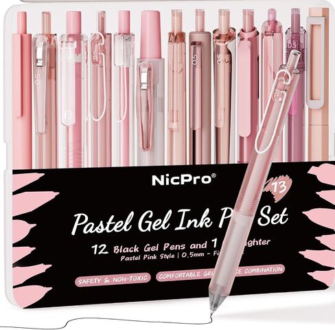 13PCS Pastel Gel Ink Pen Set with Case, Cute Retractable 0.5mm Fine Point Pen, 12 Black Ink Pen with 1 Highlighter, Aesthetic Drawing Pen for Student Note Taking,Writing,Office Supplies (Brown) in Saudi Arabia