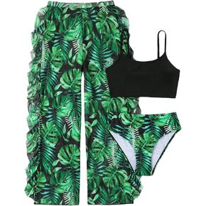 SHENHE Girl's 3 Piece Tropical Print High Waist Bikini Swimsuit with Cover Up Pants