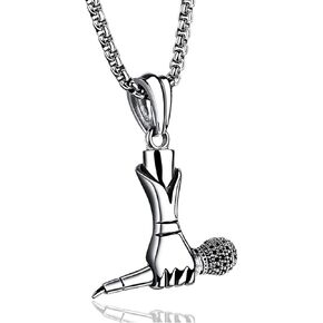 Hip Hop Music Titanium Steel Microphone Tag Pendant 24" Chain Necklace