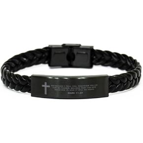 Mark 11:24 Bracelet Bible Verses Religious Gifts for Women Men Personalized Engraved Mark 11:24 Braided Leather Bracelet Catholic Christian Gifts for Women 1 Peter 3:3-4