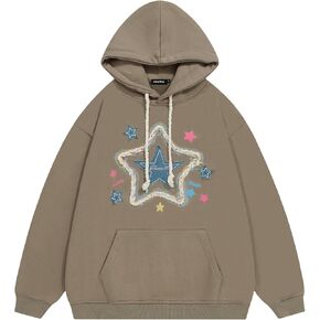 Vamtac Mens Graphic Hoodie Pullover Vintage Denim Star Applique Embroidery Oversize Heavyweight Hoodie Unisex Streetwear