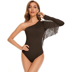 Komorebi Women's Fringe Trim One Shoulder Long Sleeve Bodysuit Top Cowgirl Outfits Disco Outfit Bodycon Leotard Fitted Top