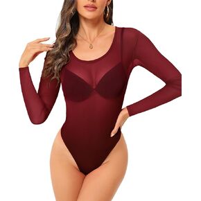 Womens Mesh Bodysuit Long Sleeve Top Crew Neck Sheer T Shirt Body Suit Leotard Blouse