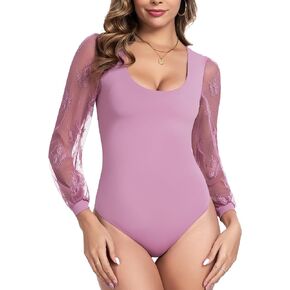 Long Sleeve Body Suits Womens Thong Double Lined Round Neck Lace Bodysuit For Women