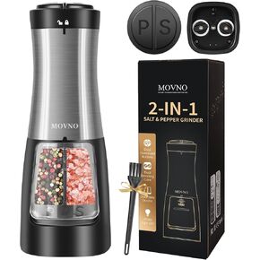 MOVNO 2 in 1 Rechargeable Electric Salt and Pepper Grinder Set with Charging Base, No Need Battery Automatic Salt and Pepper Grinder, One-Handed Operation, Adjustable Ceramic Grinder with LED Light