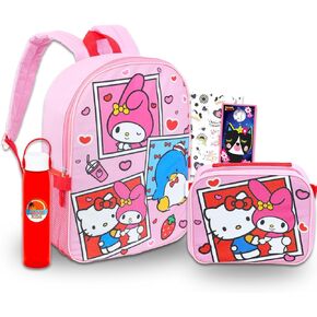 Sanrio Backpack with Lunch Box Set - Bundle of 16" Hello Kitty and Friends, My Melody, Tuxedo Sam Backpack, Lunch Bag, Bottle, Tattoos, More