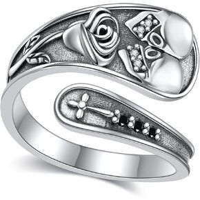 YAFEINI Sterling Silver Skull Rings For Women Vintage Skeleton Rose Skull Spoon Rings Twin Skulls Ring Gothic Skull Jewelry