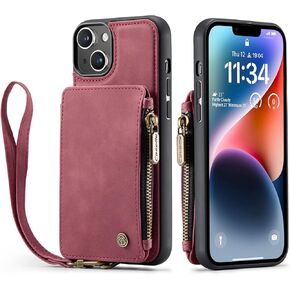 SWP for iPhone15 Plus Case with Card Holder [RFID Blocking] and 3 Card Slots and 1 Money Pocket Credit Card Holder Slot Cases with Wristlet Zipper Wallet for iPhone15 Plus (Red)