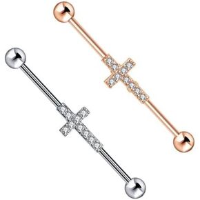 14G Industrial Stainless Steel Barbell Cross w/Gems - 14 Gauge Cartilage Industrial Ear Piercing Jewelry - 2 Color Options