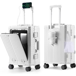 20" Carry-On Luggage – Airline Approved, Lightweight PC Hardside Suitcase with Spinner Wheels, USB Port, Front Pocket, TSA Lock & Aluminum Frame, White