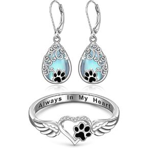 Paw Print Ring Size 8 and Earrings Moonstone Cat Dog Paw Ring Sterling Silver Paw Prints on My Heart Memorial Gifts