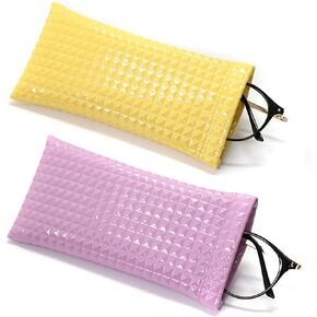 2 Pack Portable Squeeze Top Eyeglass Case - Pu Leather Soft Sunglasses Case Easy To Use Glasses Case Pouch Holder