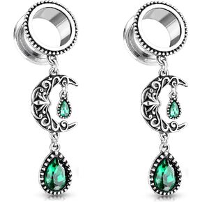 Pierced Owl - Vintage Filigree Moon Dangling Vibrant Green Stone Set Flesh Tunnel Plugs, Sold as Pair