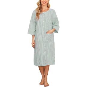 Bloggerlove House Dress Women Cotton Snap Front Nightgown 3/4 Sleeve Housecoat Duster Robe with Pockets Moomoo Patio Dress