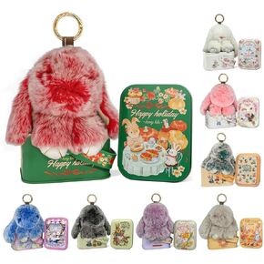 Bunnylulu,Bunny Lulu Keychain with Tin,Handmade Soft Bunny Pompom Keychain Charms,Bunny Keychain Plush,For Christmas Gift