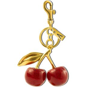 Cherry Bag Charm, Cherry Keychain,Initial Square Charm, 18K Gold Plated Glittering Cherry Purse Charm