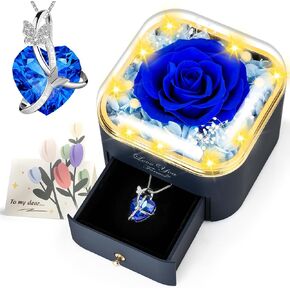 Preserved Blue Real Rose with Necklace Jewelry Box -Eternal Flowers Rose Gifts for Grandma Wife Girlfriend on Valentines Mothers Day Christmas Birthday Anniversary Romantic Gifts for Her