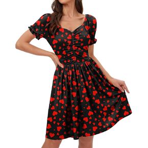 For G and PL Women's Valentine's Day Heart Print Ruched Puff Sleeves 1950s Swing Dress