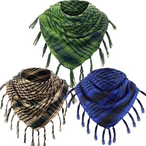 SATINIOR 3 Pcs Shemagh Keffiyeh Head Neck Scarf Turban Unisex Arab Plaid Fringe Scarves with Tassel for Outdoor Camping Accessory(Army Green, Sand Color, Sapphire Blue)
