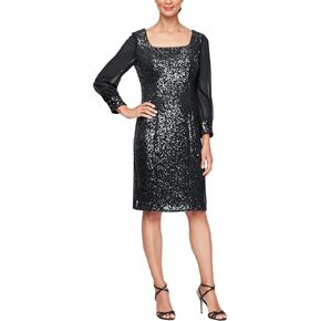 Alex Evenings Women's Short Sequin Sheath Cocktail Dress with Square Neck and Illusion Sleeves (Petite and Regular Sizes)