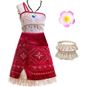 Moana Costume for Girls Adventure Outfit Ocean Princess Birthday Party Dress Up with Necklace & Anklet Accesories