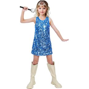 Girls Sequin Dress Sparkly Sleeveless Costume Prom Concert Party Outfit with Glitter Microphone Prop