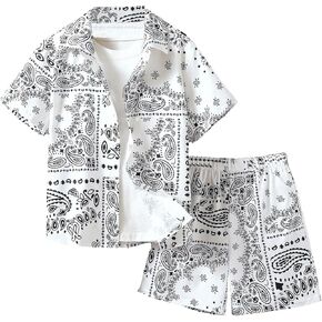 Boy's 2 Piece Outfits Paisley Geo Graphic Print Short Sleeve Button Down Shirt and Shorts Set